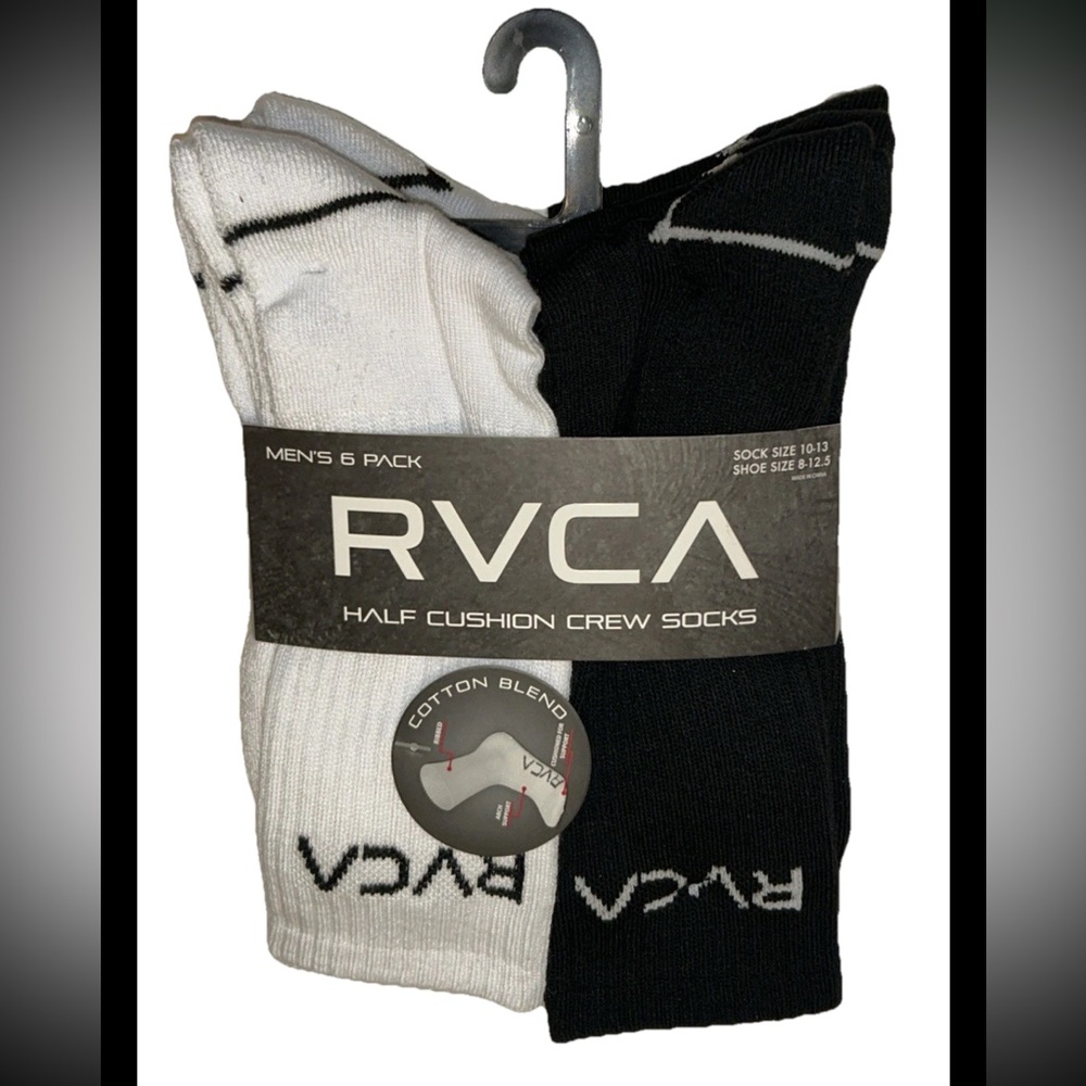 RVCA Half Cushion Crew Socks 6 Pair Men 8-12.5 Black White w Logo Skate Surf NEW